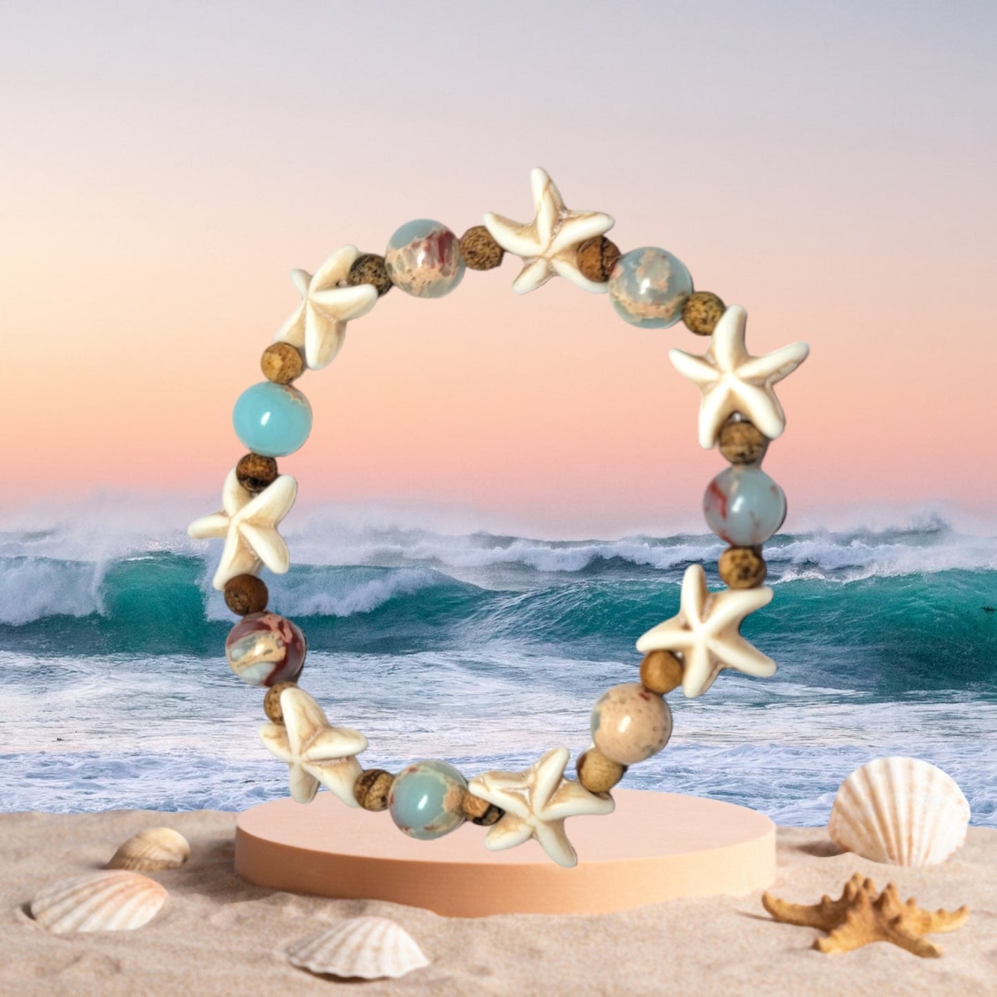 Starfish, Jasper, & Glass Bead Bracelet & Earring Set