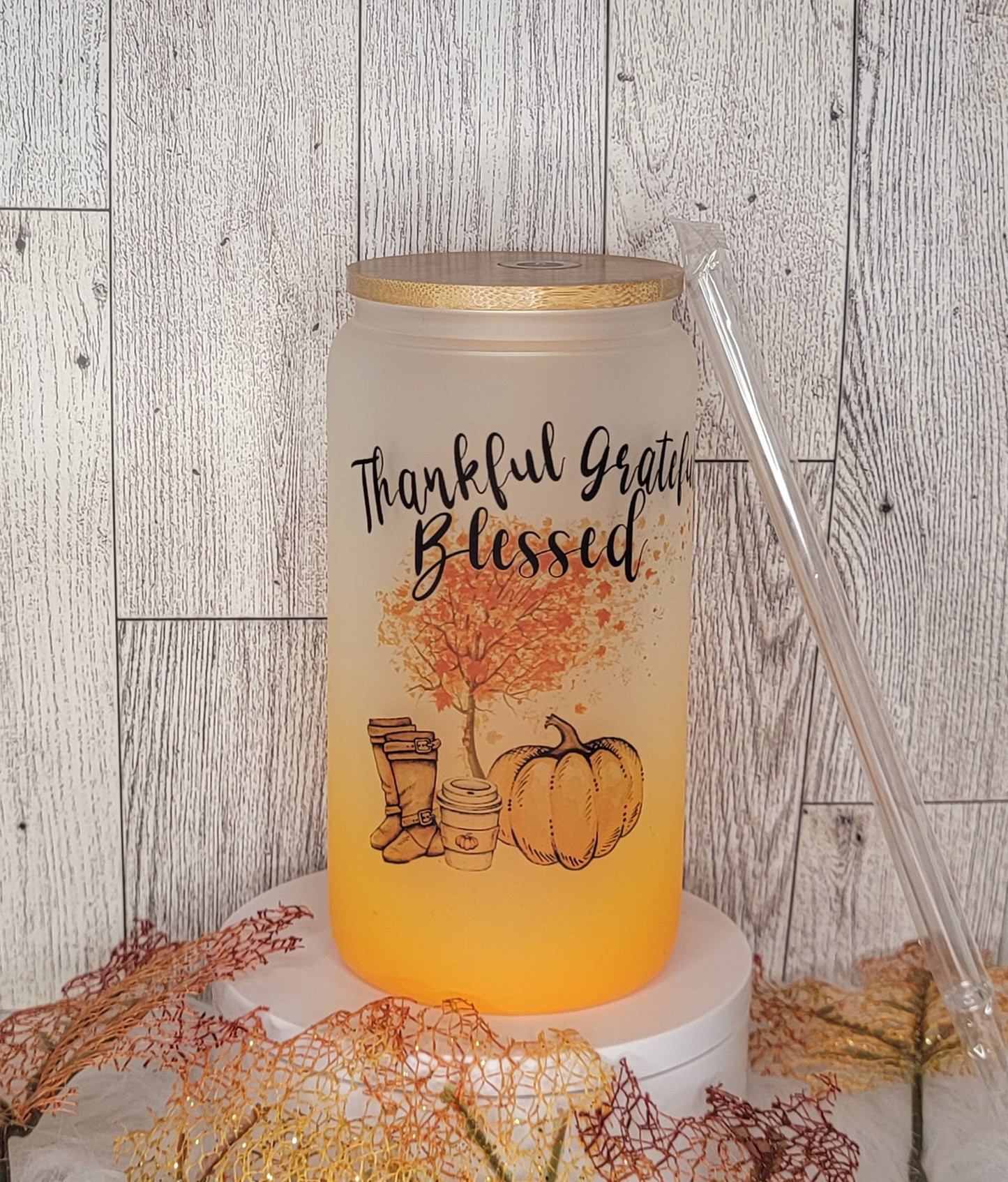 Thankful Grateful Blessed Glass Tumbler -16oz