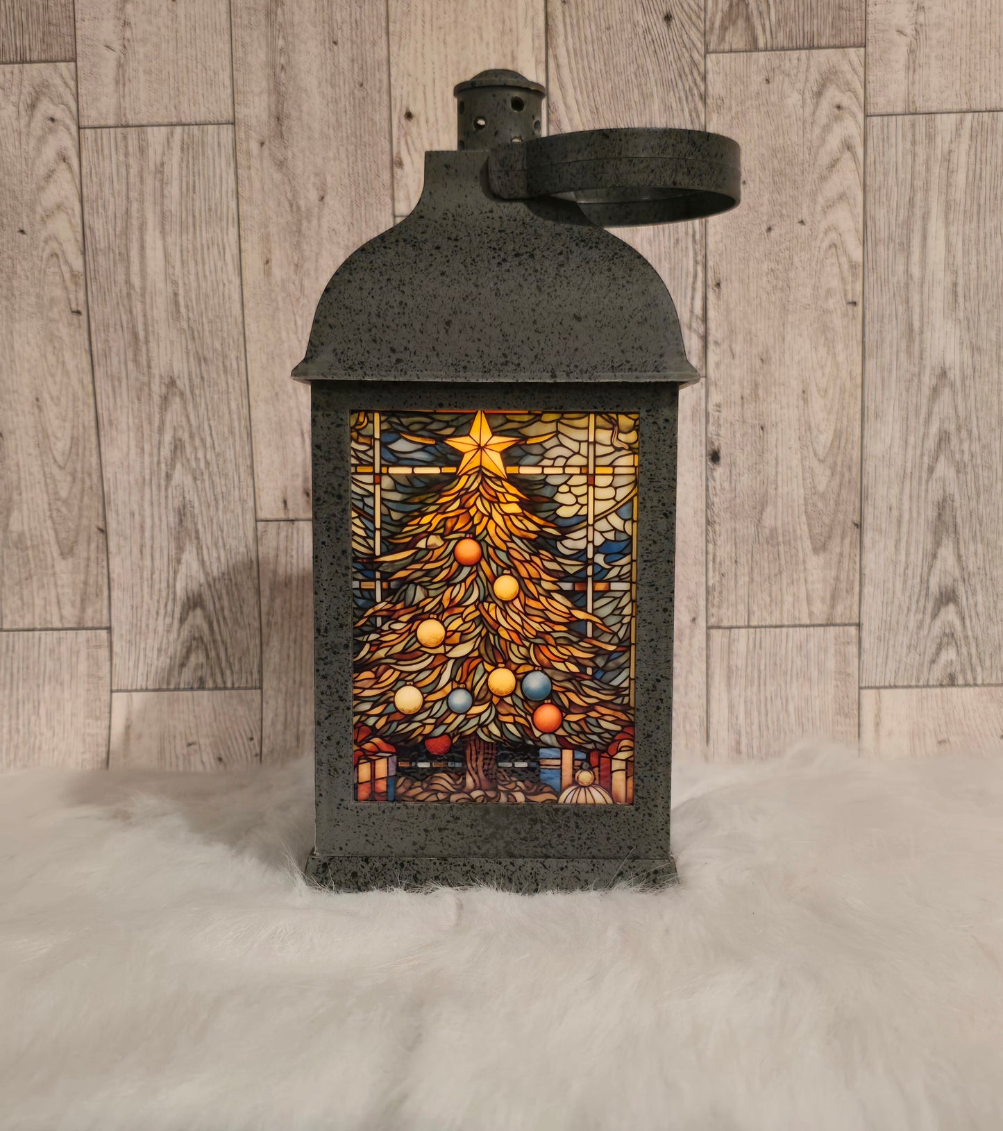 Christmas Tree 9" Speckled Pewter Plastic LED Lantern