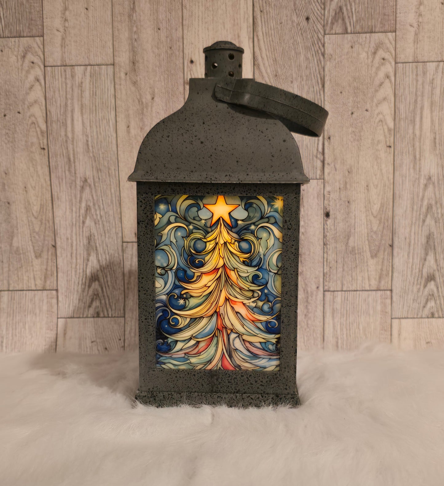 Christmas Tree 9" Speckled Pewter Plastic LED Lantern