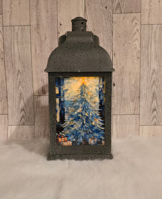 Christmas Tree 9" Speckled Pewter Plastic LED Lantern