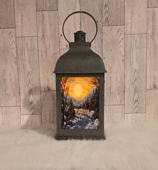 Winter Scene 9" Speckled Pewter Plastic LED Lantern