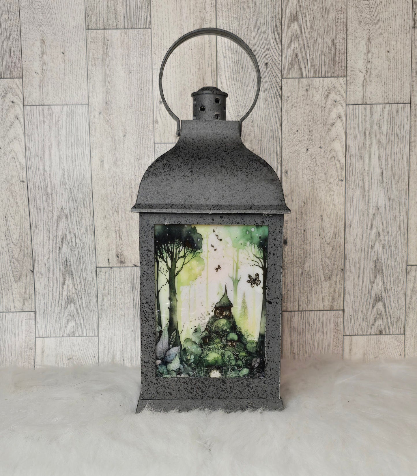 Fairy Garden 9" Speckled Pewter Plastic LED Lantern