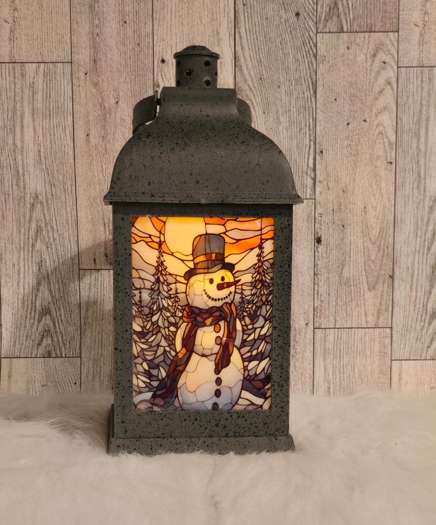 Snowman 9" Speckled Pewter Plastic LED Lantern