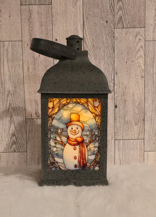 Snowman 9" Speckled Pewter Plastic LED Lantern