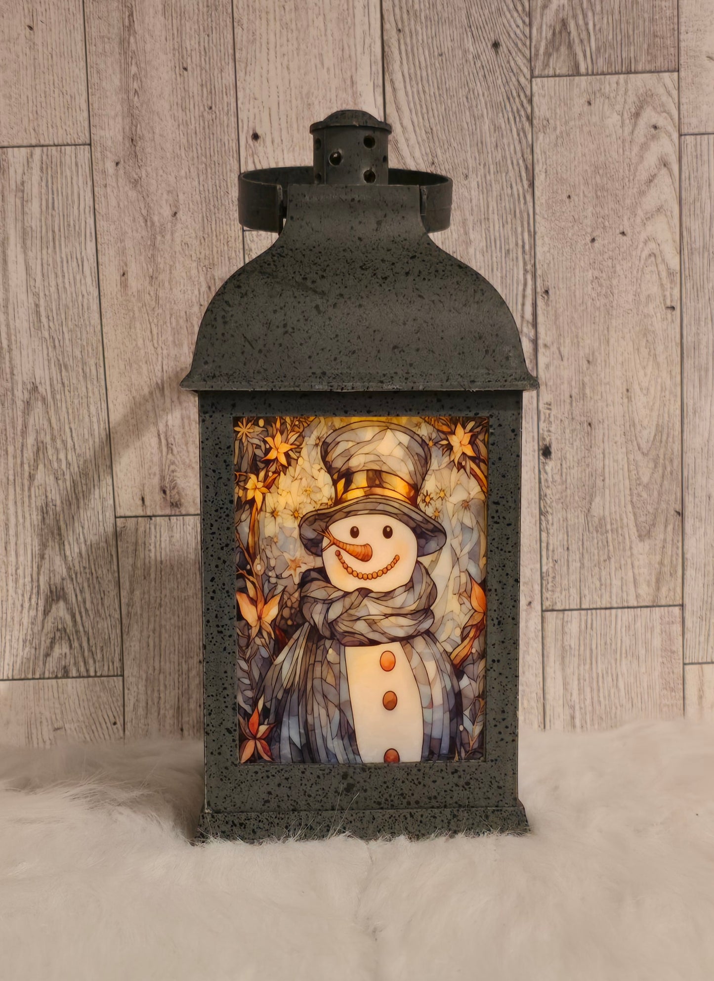 Snowman 9" Speckled Pewter Plastic LED Lantern