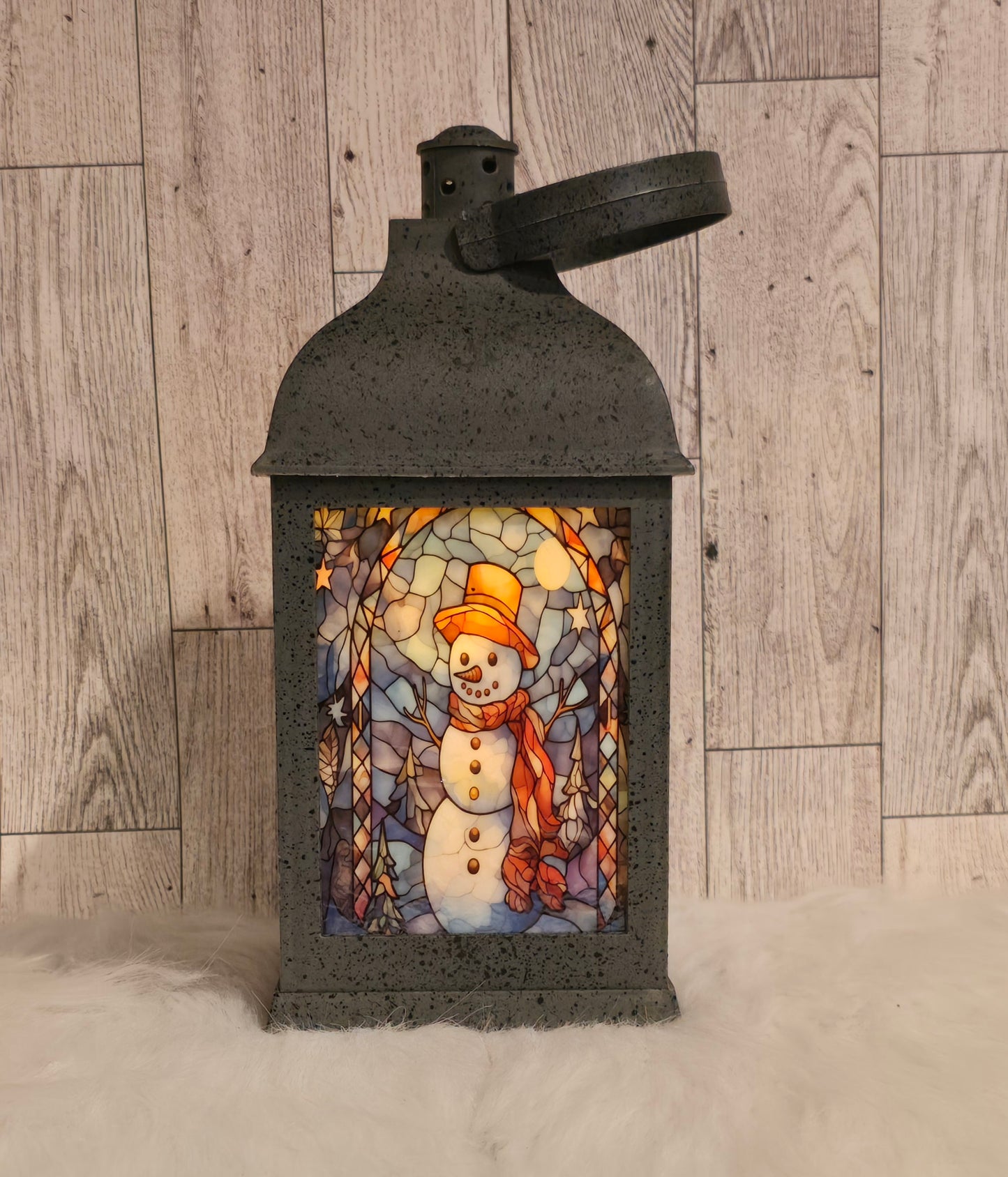 Snowman 9" Speckled Pewter Plastic LED Lantern