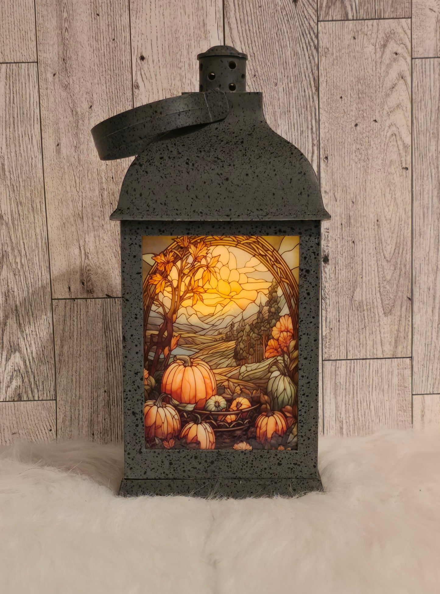 Fall Scene 9" Speckled Pewter Plastic LED Lantern