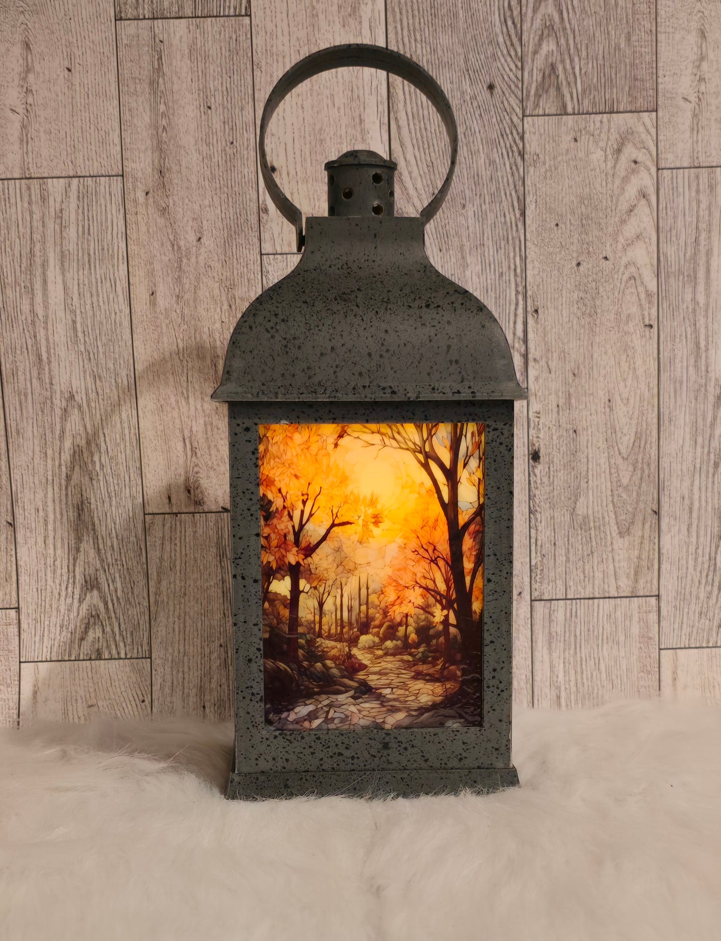 Fall Scene 9" Speckled Pewter Plastic LED Lantern