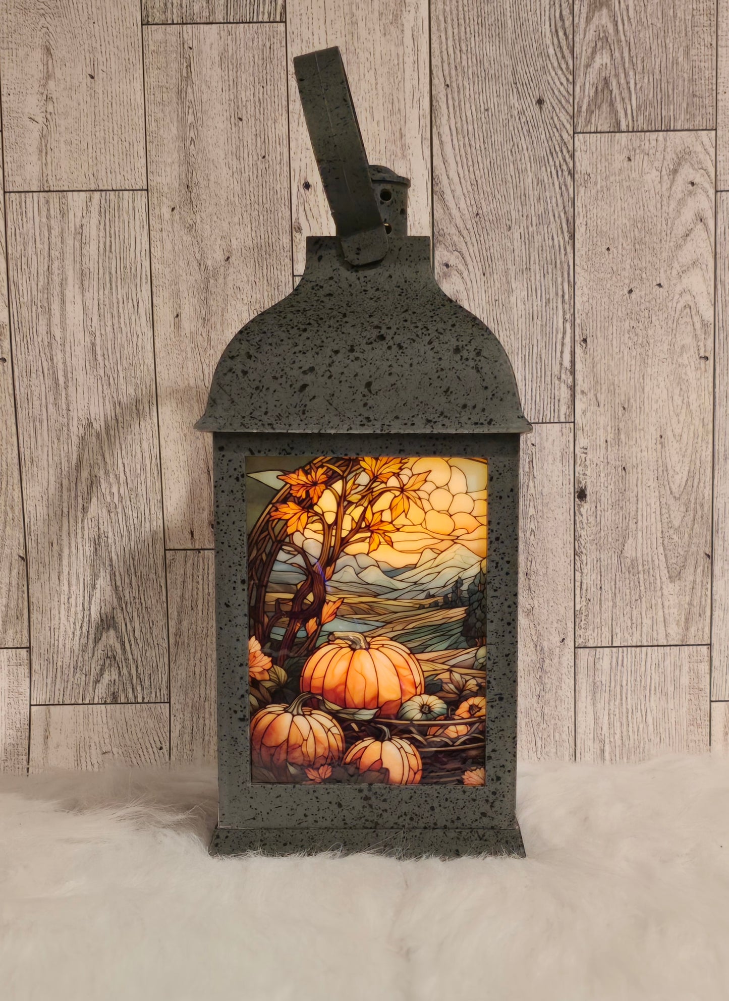 Fall Scene 9" Speckled Pewter Plastic LED Lantern