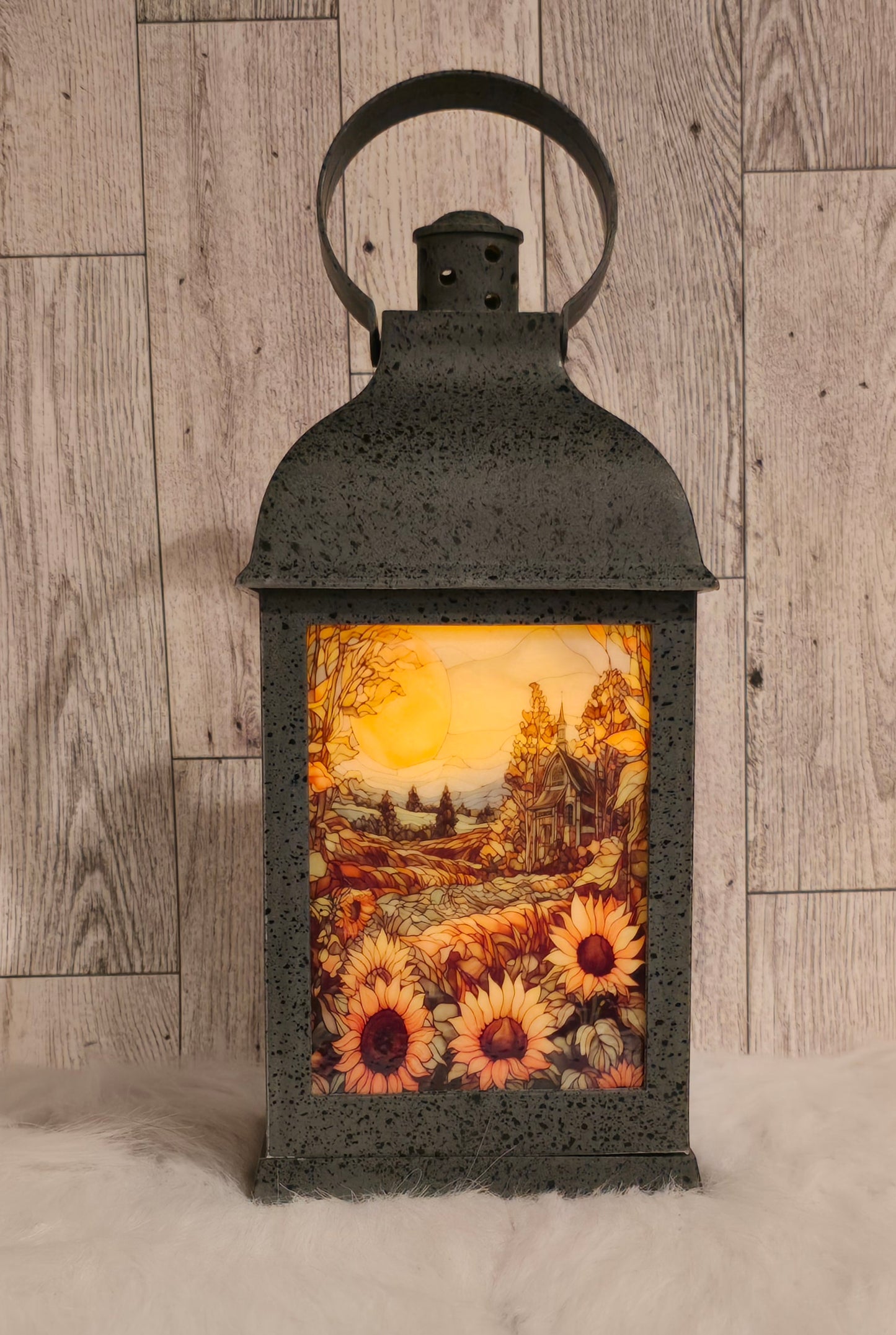 Fall Scene 9" Speckled Pewter Plastic LED Lantern