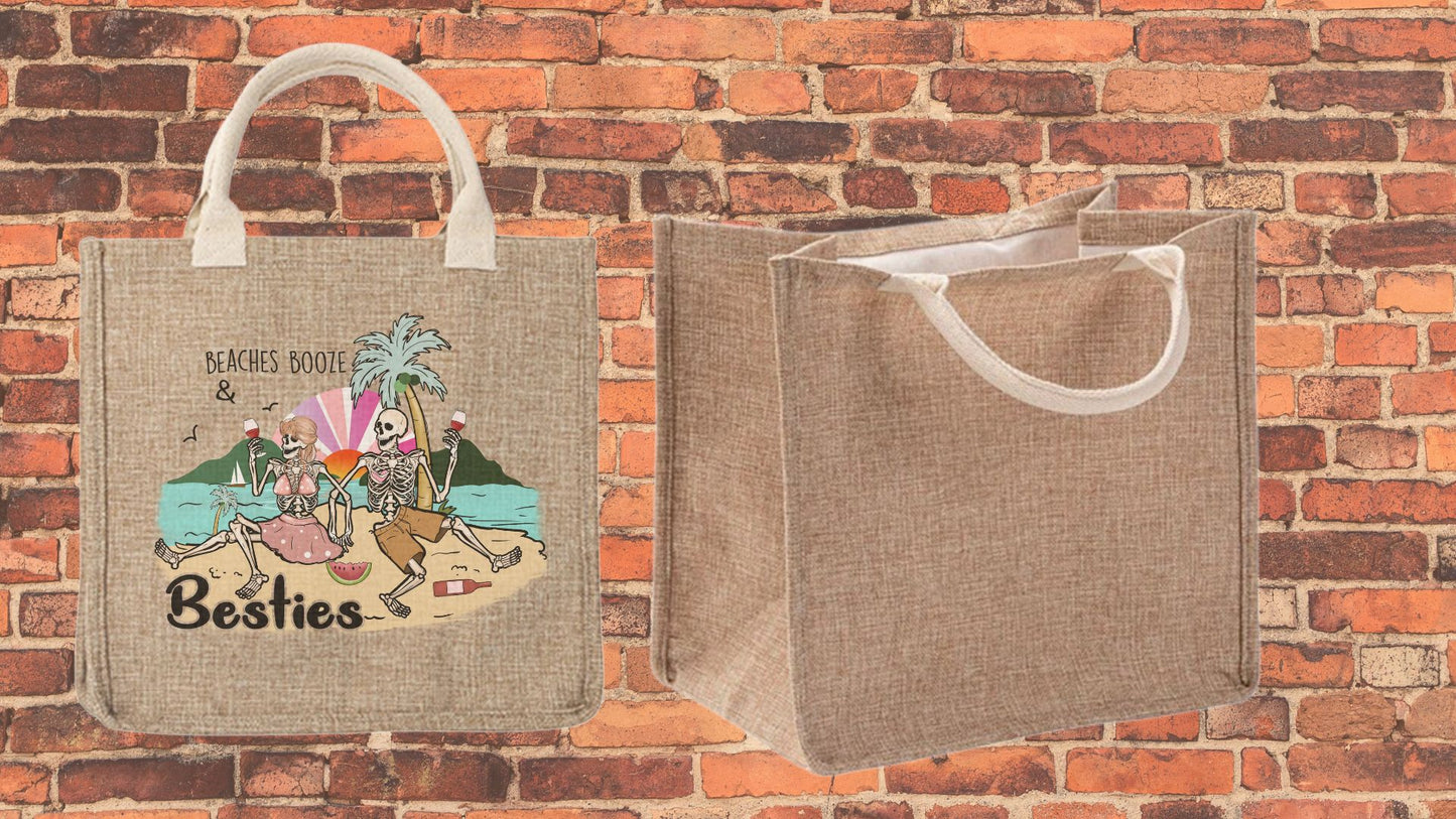 Beaches Booze & Besties Linen Tote Bag