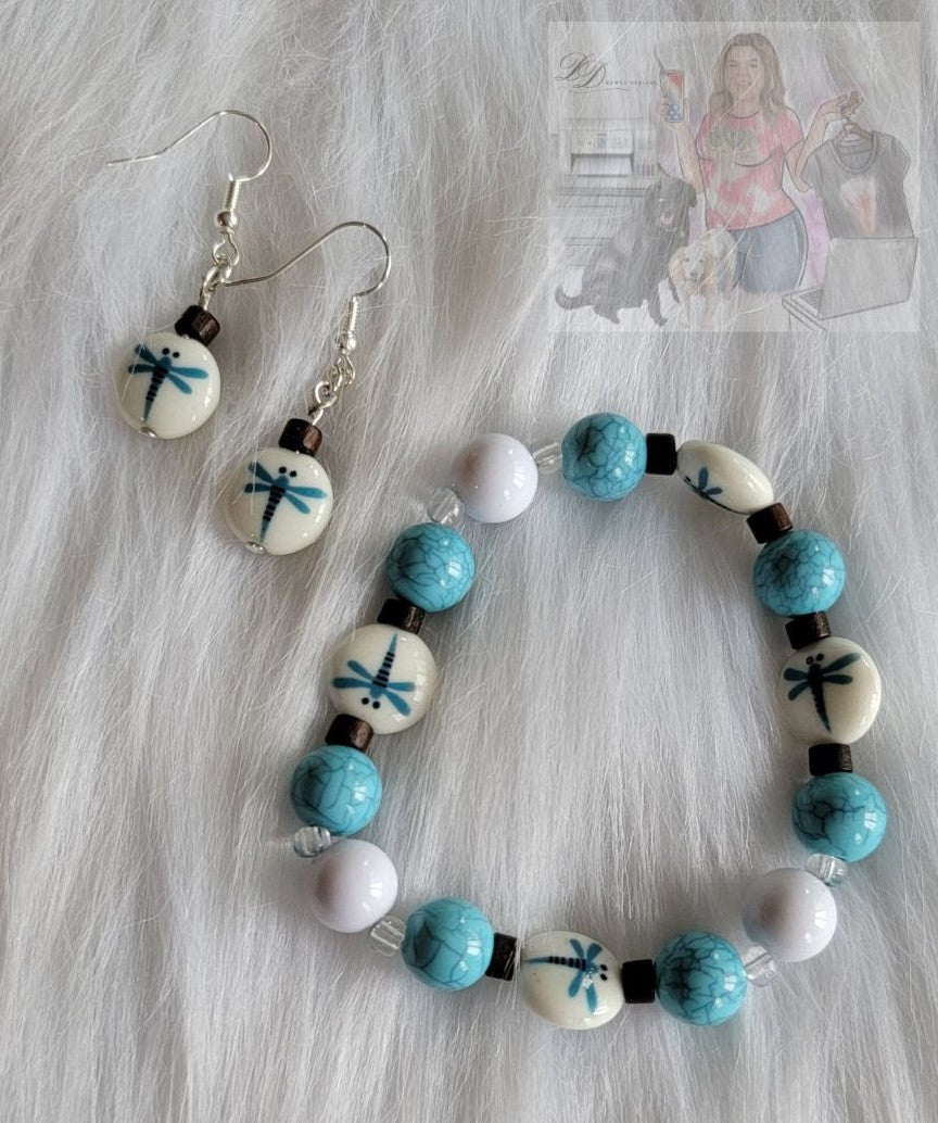 Wood Turquoise & Lentil Glass Dragonfly Bracelet & Earring Set