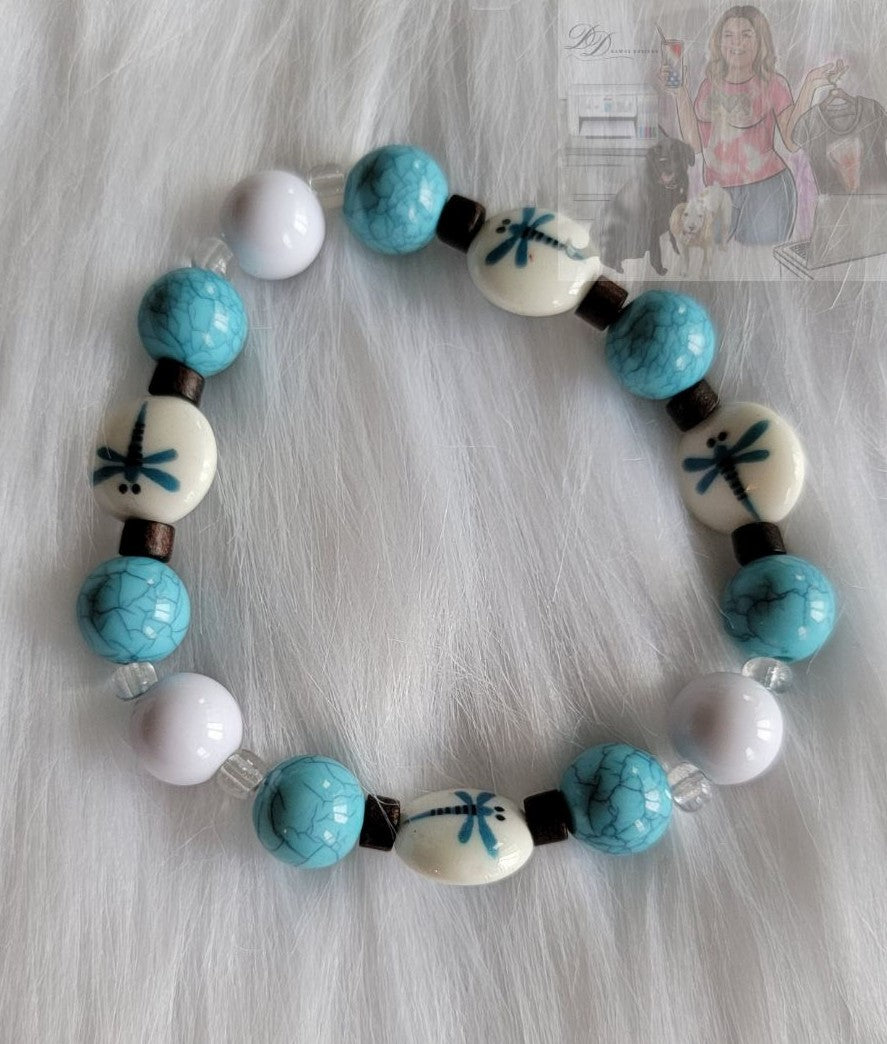 Wood Turquoise & Lentil Glass Dragonfly Bracelet & Earring Set