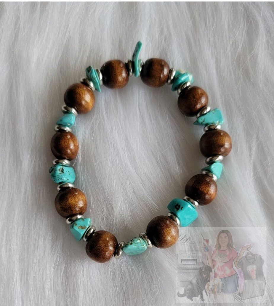 Turquoise & Wood Bead Bracelet