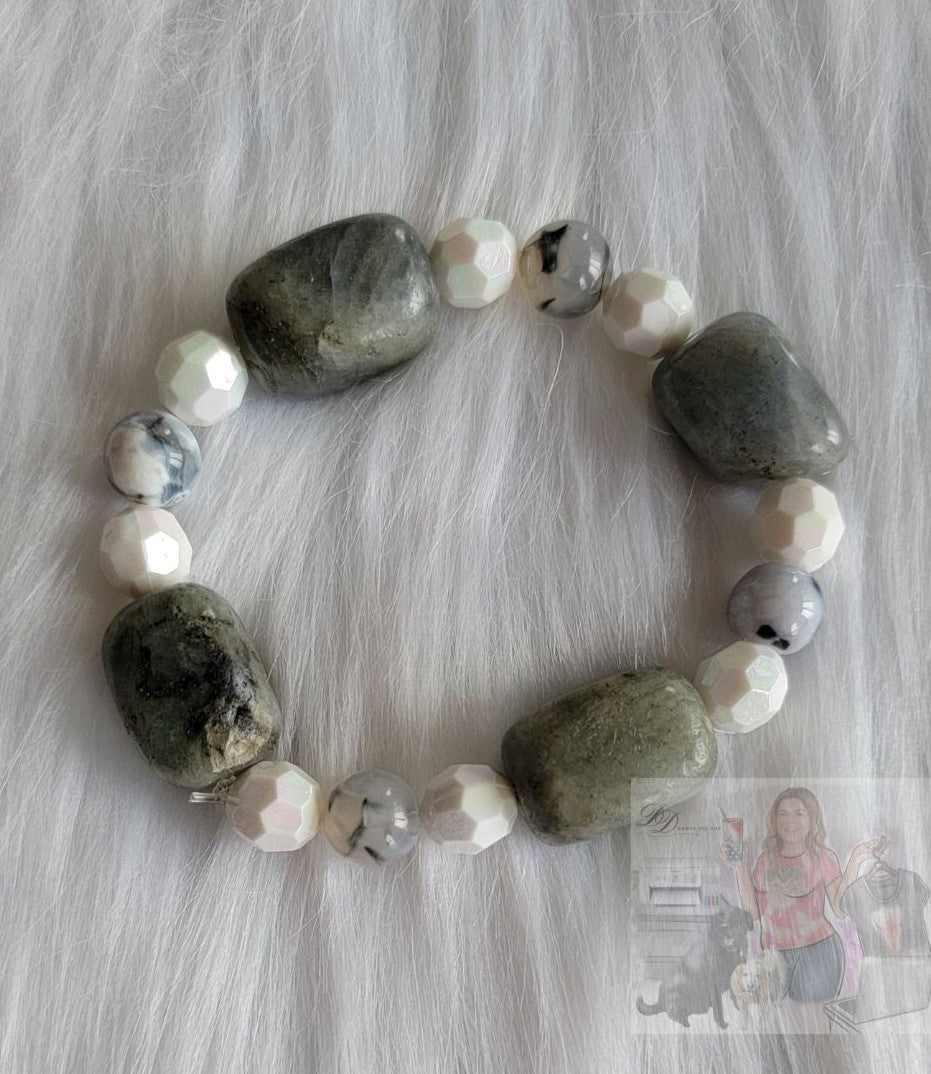 Large Gray Stone & Glass Bead Bracelet