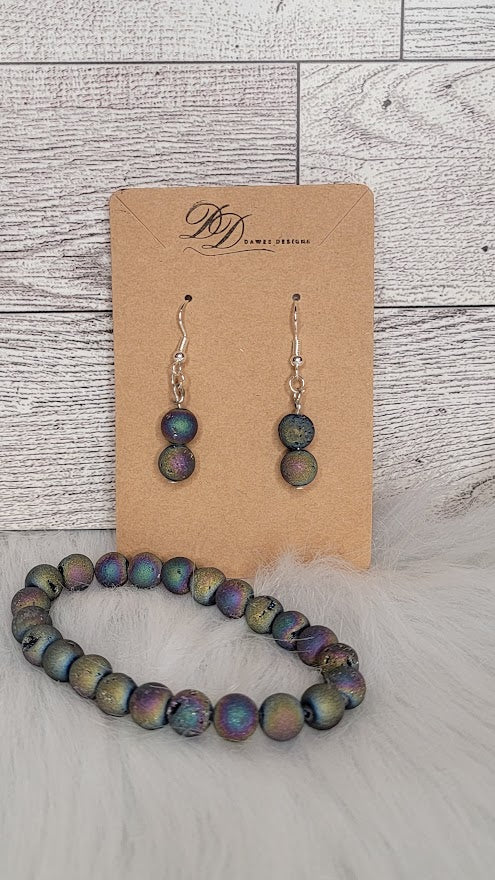 Rainbow Aura Druzy Geode Bracelet & Earring Set