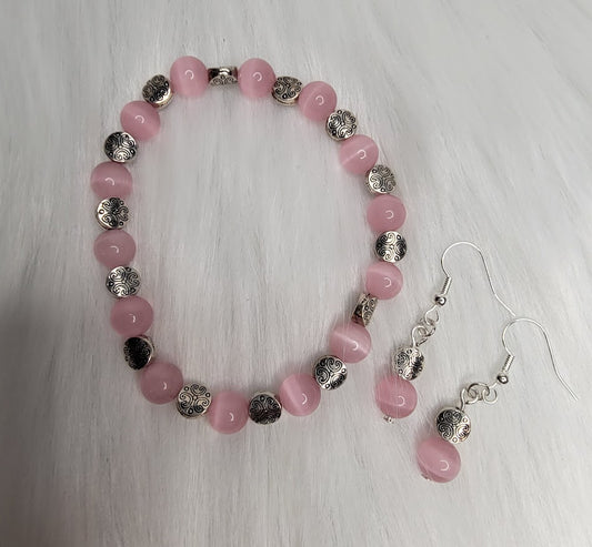 Pink Cats Eye Bracelet & Earring Set