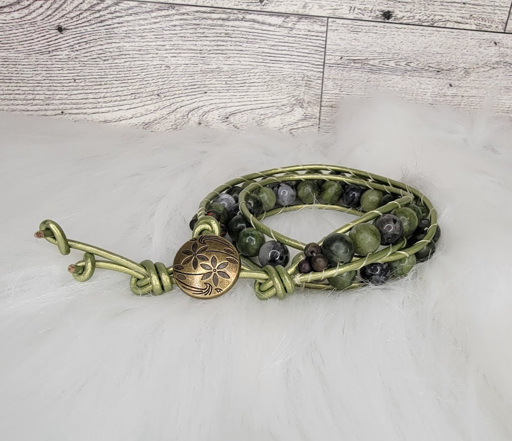 Canadian Jade & Black Larvikite Wrap Bracelet