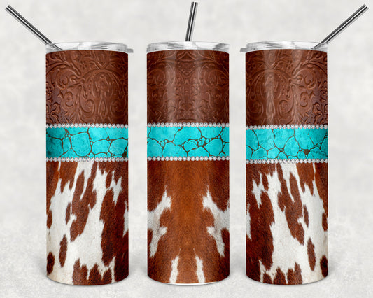 Cowhide, Leather & Turquoise 20oz Tumbler