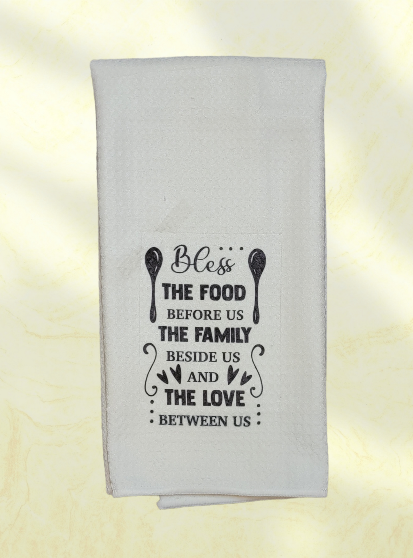 Microfiber Waffle Weave Dish Towel -Bless The Food Before Us The Family Beside Us and The Love Between Us