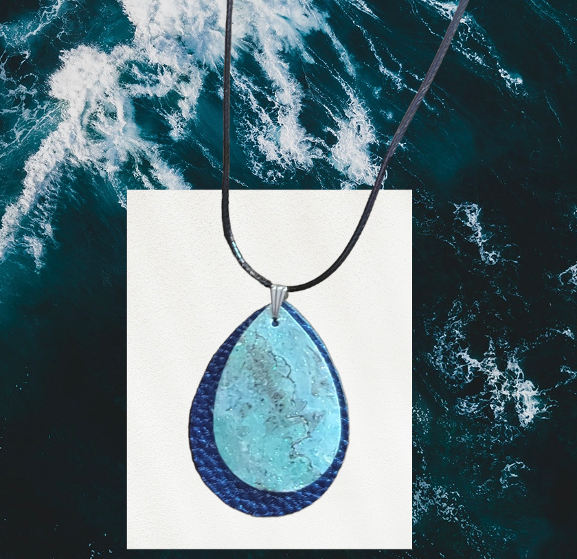 Blue Marble Glitter & Navy Tear Drop Necklace