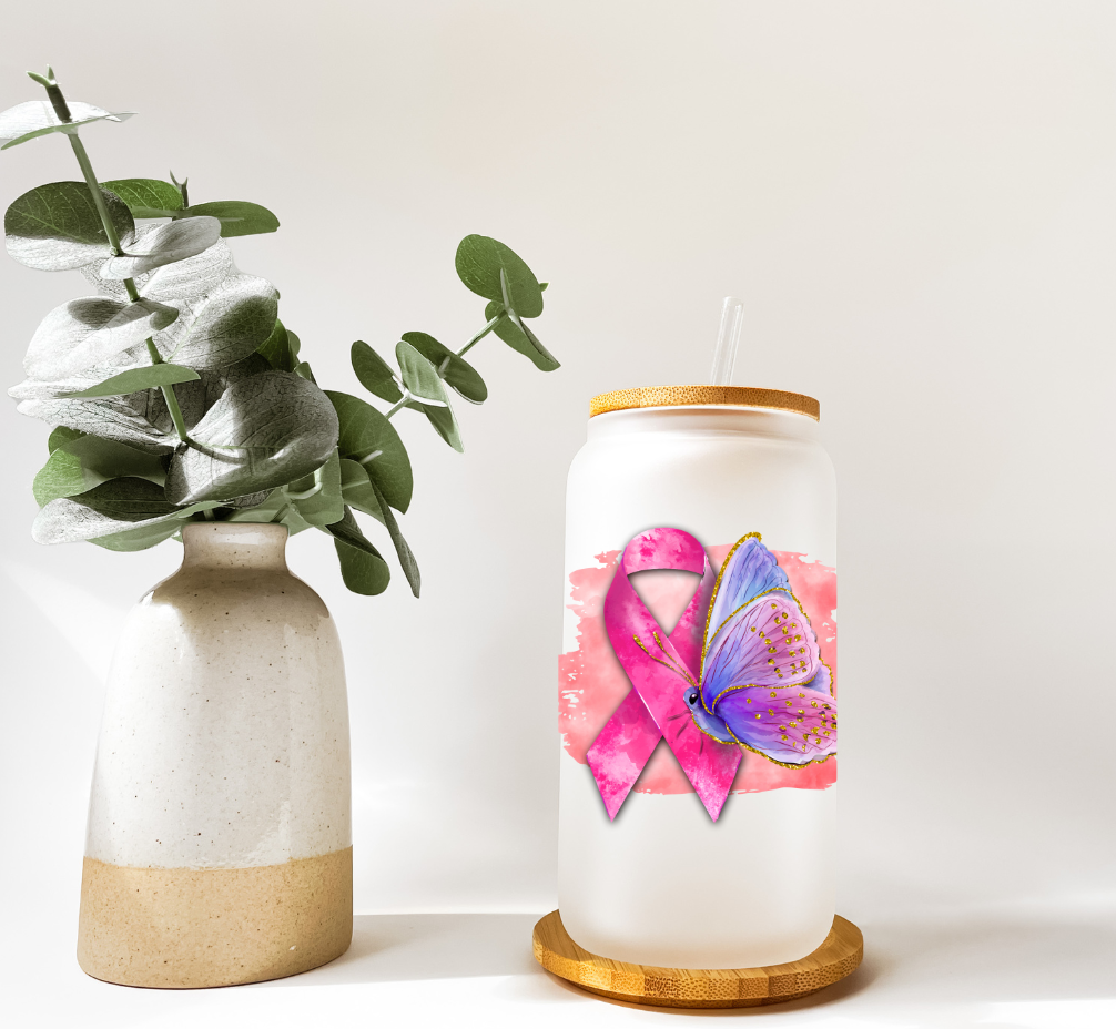 Cancer Butterfly Glass Tumbler -16oz