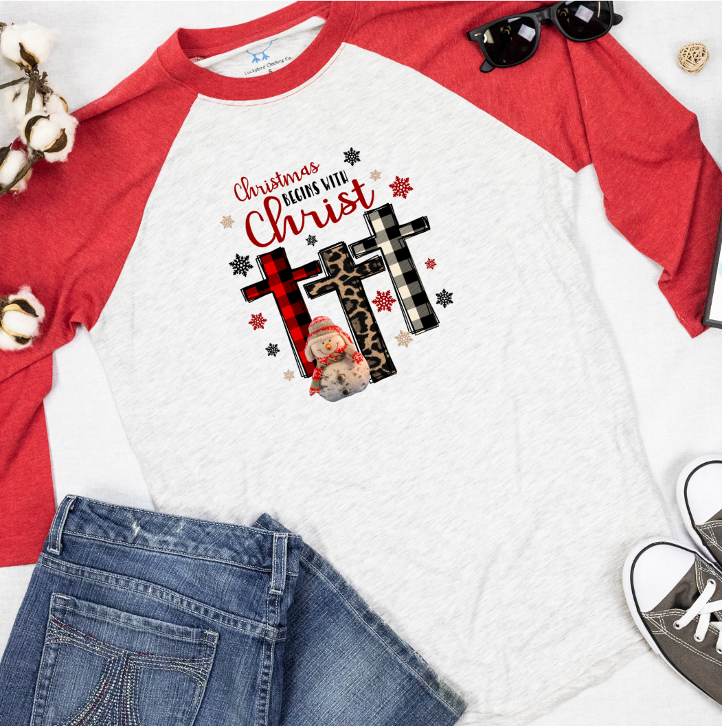 Christmas Begins With Christ Raglan Tee Shirt