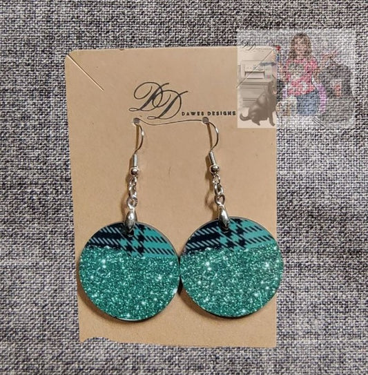 Dangle Green Plaid & Sparkle Christmas Earrings