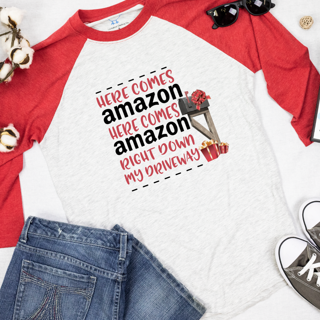 Here Comes Amazon Raglan Tee Shirt