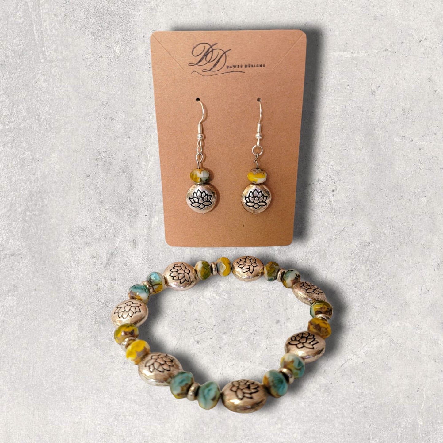 Lotus Flower & Glass Bead Bracelet & Earring Set