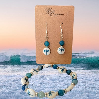 Blue Glass Bead & Lentil Glass Dragonfly Bracelet & Earring Set