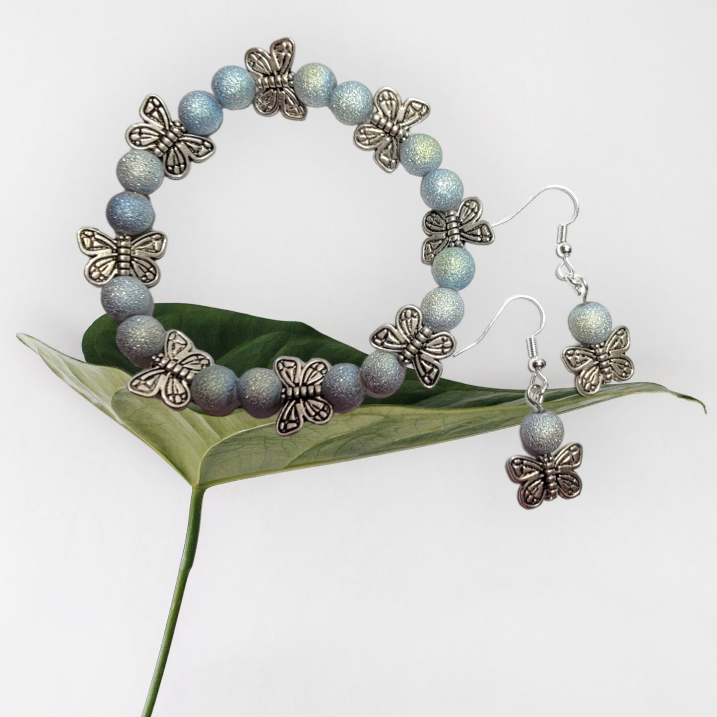 Butterfly & Glass Bead Bracelet & Earring Set