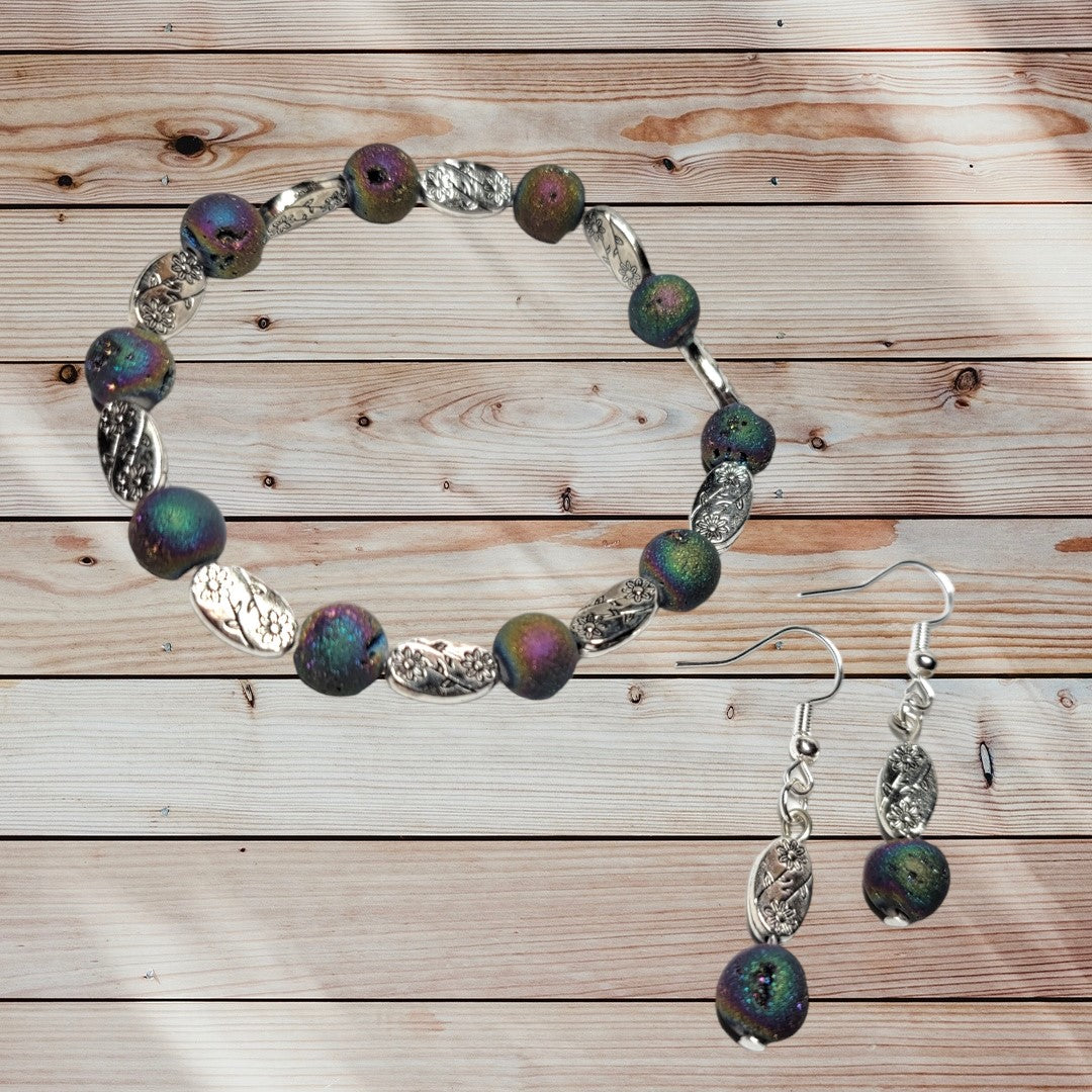 Rainbow Aura Druzy Geode with Silver Floral Beads Bracelet & Earring Set