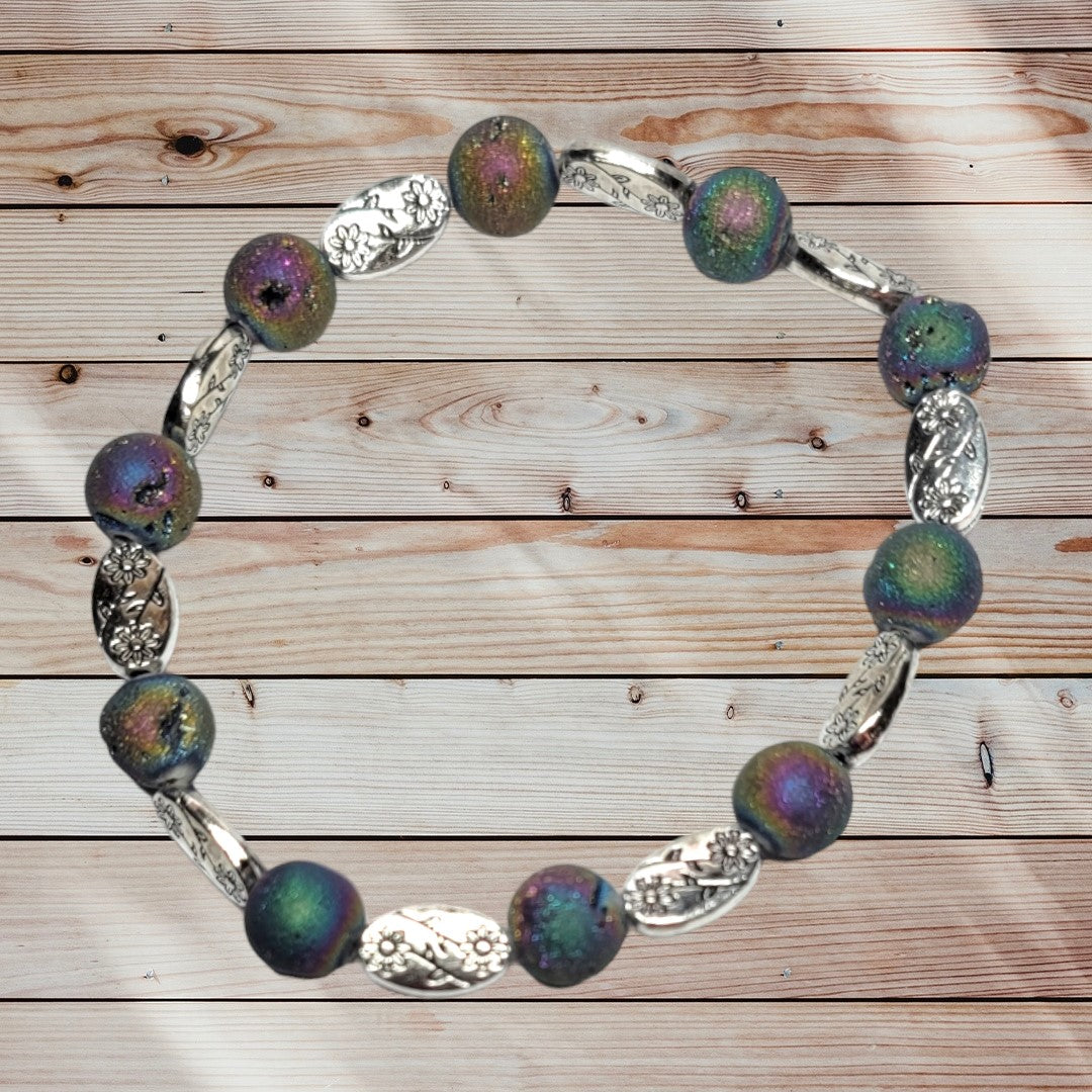 Rainbow Aura Druzy Geode with Silver Floral Beads Bracelet & Earring Set