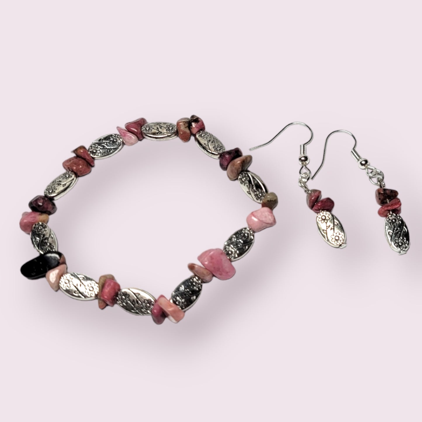 Rhodonite with Silver Floral Beads Bracelet & Earring Set