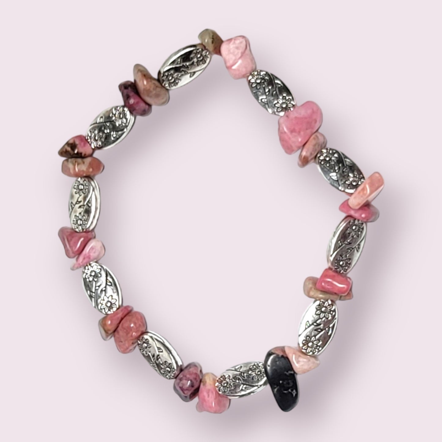 Rhodonite with Silver Floral Beads Bracelet & Earring Set