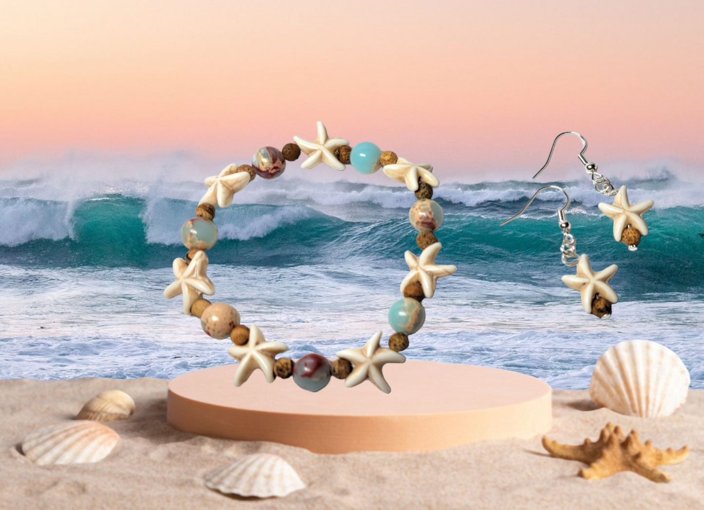 Starfish, Jasper, & Glass Bead Bracelet & Earring Set