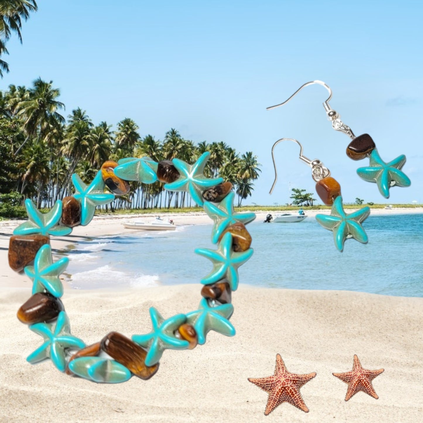 Teal Starfish & Cats Eye Bracelet & Earring Set