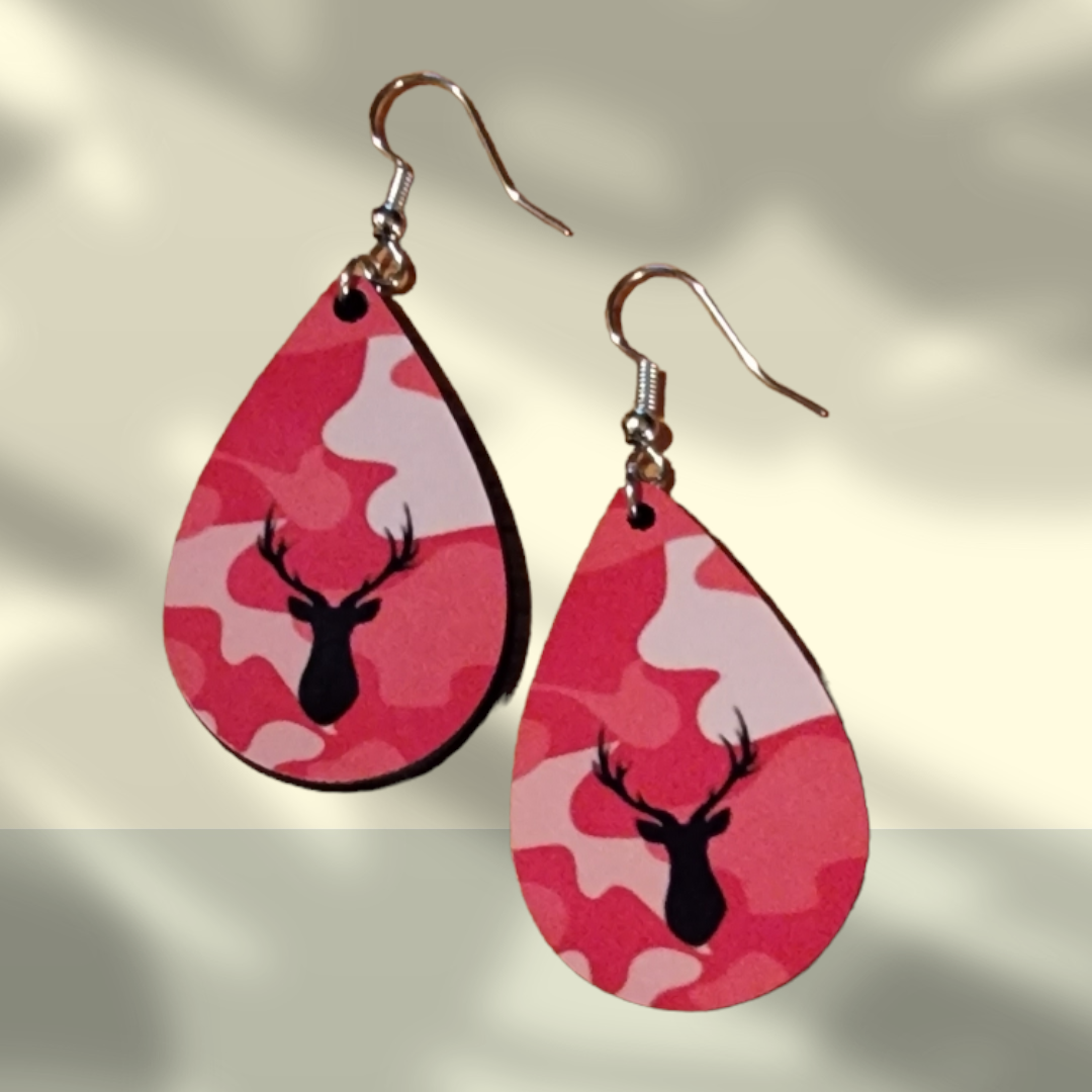 Dangle Pink Camo Deer Earrings