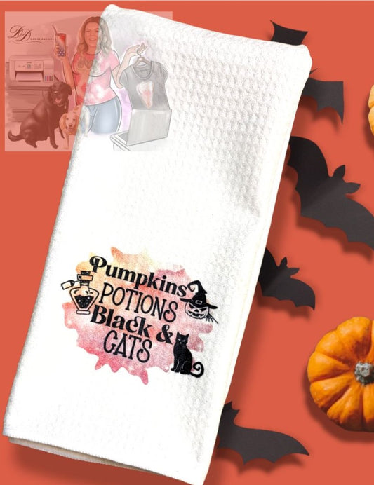 Pumpkins, Potions, Black, & Cats -  Waffle Weave Dish Towel