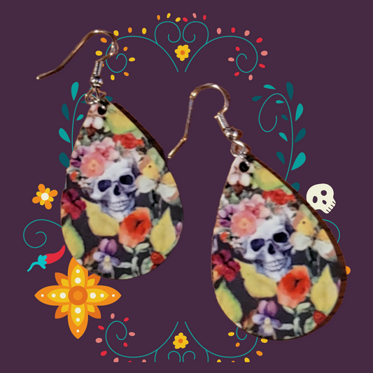 Dangle Floral Skull Earrings