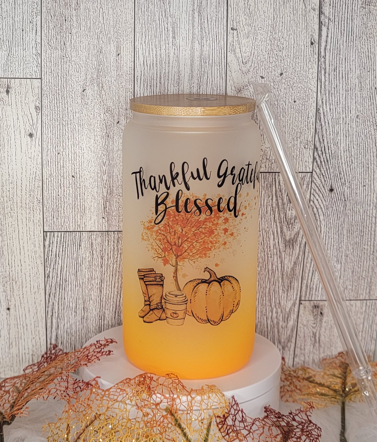 Thankful Grateful Blessed  Glass Tumbler -16oz