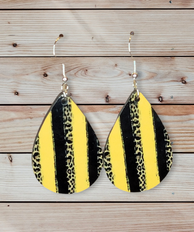 Dangle Yellow, Black, & Leopard Print Striped Earrings